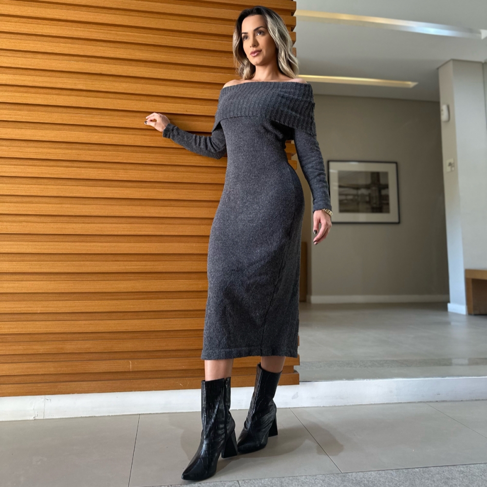 Vestido De Tricot Ombro a Ombro Mídi - Cinza Escuro