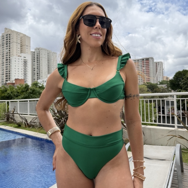 Biquíni Hot Pants De Babado Meia Taça Calcinha Fio Duplo - Verde