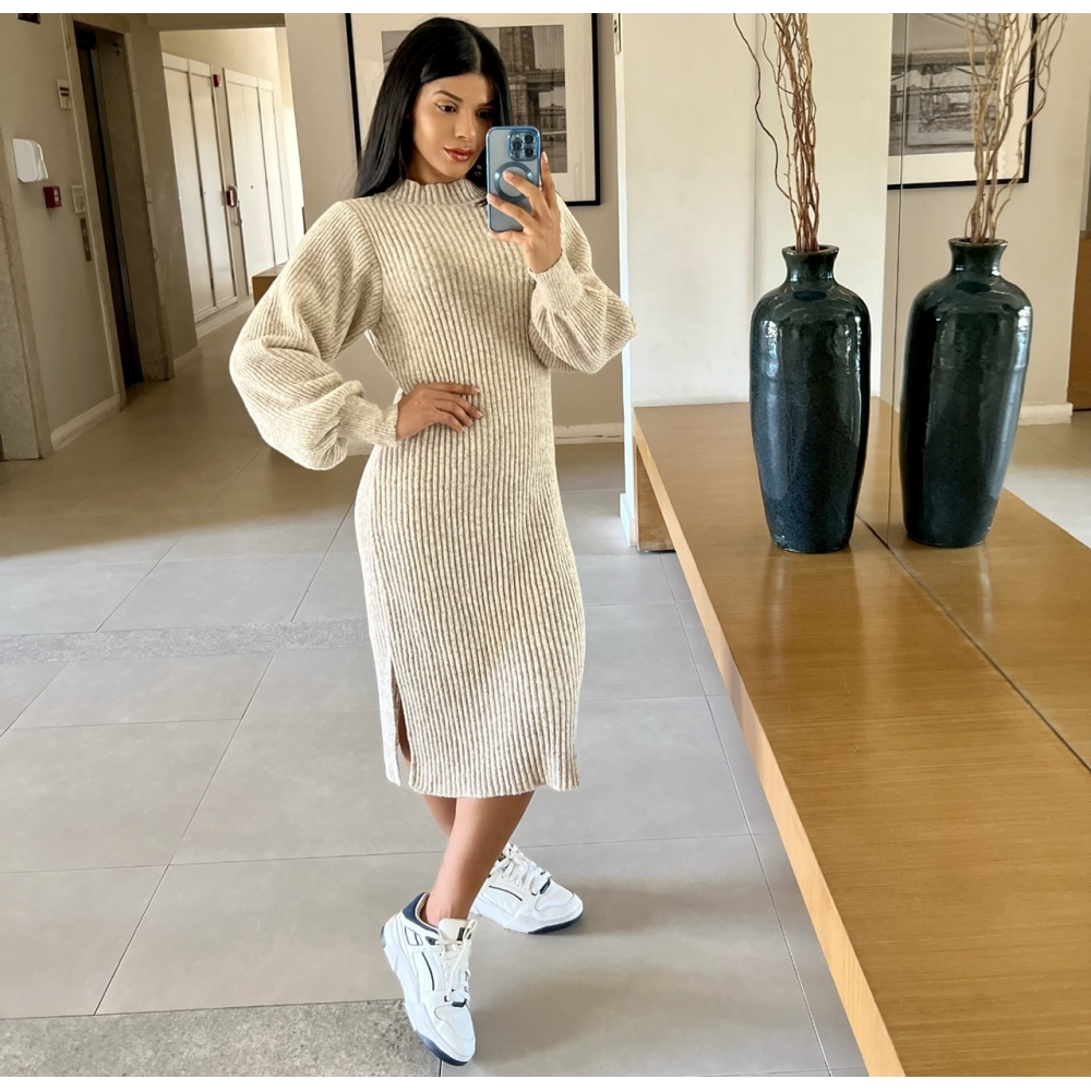 Vestido De Tricot Graça Canelado Midi Com Fendas - Areia