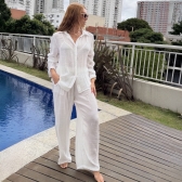 Saída de Praia Feminina Conjunto Camisa e Calça - Branco