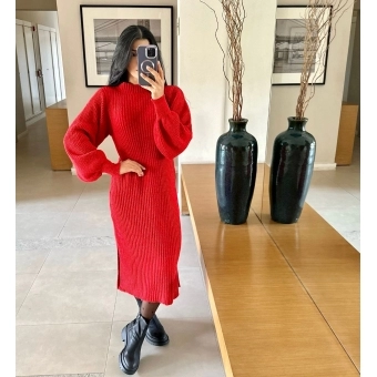 Vestido De Tricot Graça Canelado Midi Com Fendas