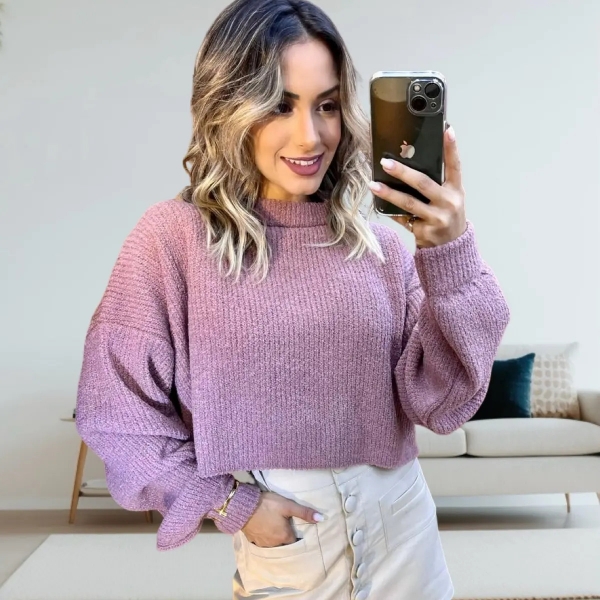 Blusa Cropped Mousse Feminina Elly Modas Manga Longa Inverno - Rosé Escuro