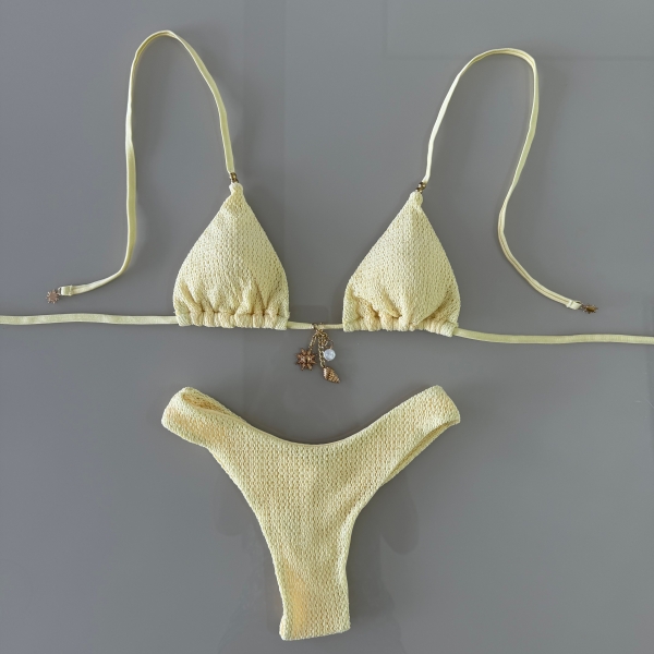 Biquíni Cortininha Pingentes No Top E Asa Delta Texturizado - Amarelo
