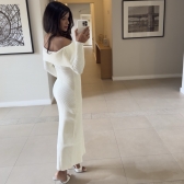 Vestido Modal Canelado Ombro a Ombro Midi com Manga Longa - Off