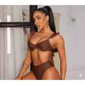 Biquíni Hot Pants De Babado Meia Taça Calcinha Fio Duplo - Marrom