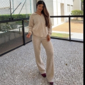 Conjunto Tricot Mousse Blusa Gola Polo Botões e Calça - Areia