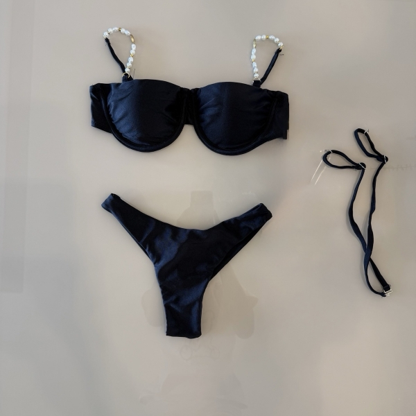 Kit 3 Pçs Biquíni Feminino + Pareô Alças Removíveis Pérolas - Preto