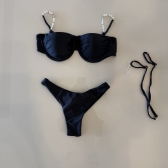 Kit 3 Pçs Biquíni Feminino + Pareô Alças Removíveis Pérolas - Preto