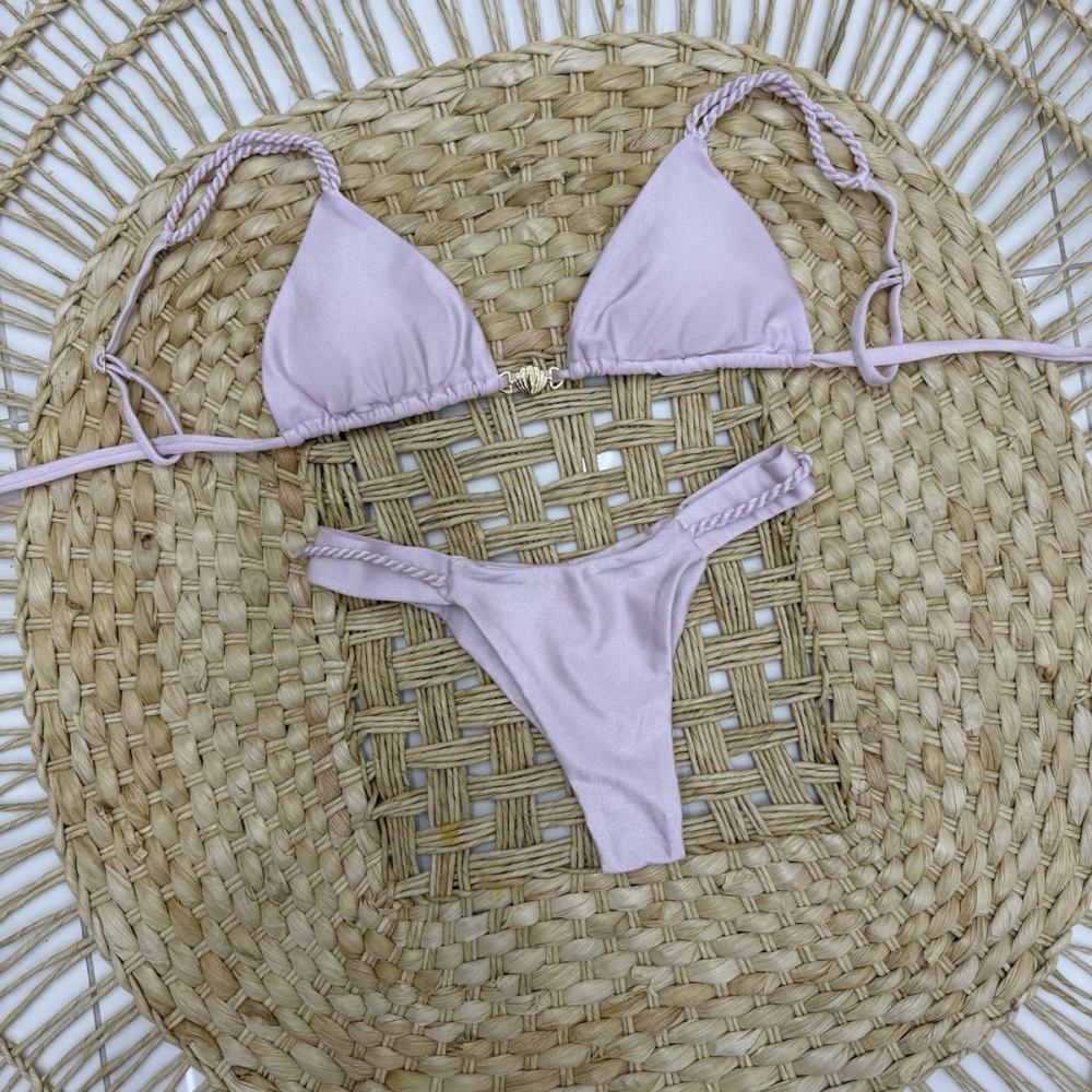Biquíni Cortininha Com Tranças Nas Alças E Calcinha Semi Fio - Lilás